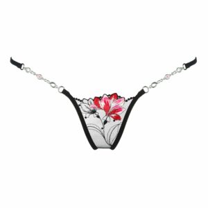 Black lace g-string with red and pink flower pattern by Lucky Cheeks at Brigade Mondaine