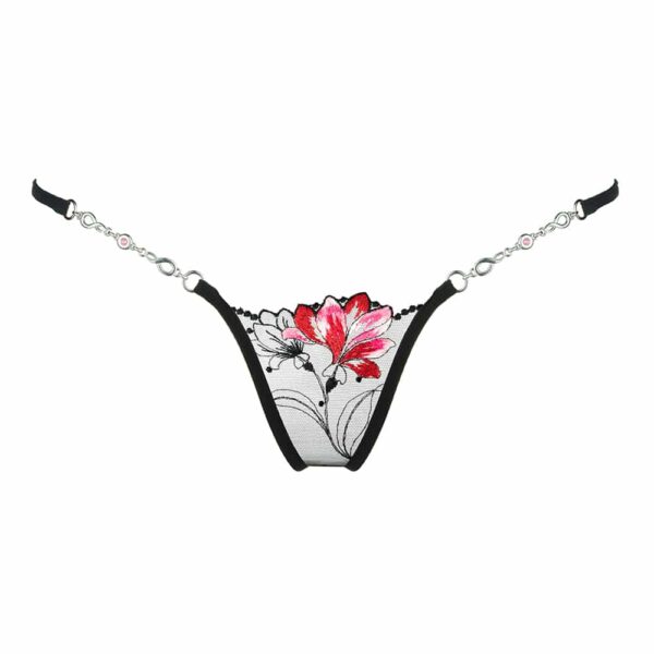 Black lace g-string with red and pink flower pattern by Lucky Cheeks at Brigade Mondaine