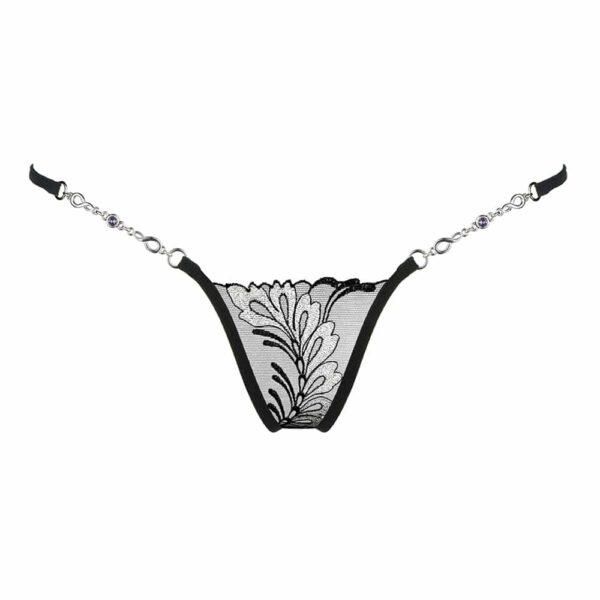 String Bijou échancré en dentelle noire et motifs argentés Silver Moon chez Brigade Mondaine