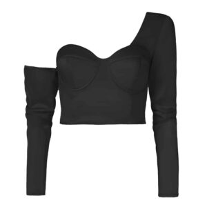 Long sleeve bustier top with one open shoulder in black OW INTIMATES at Brigade Mondaine