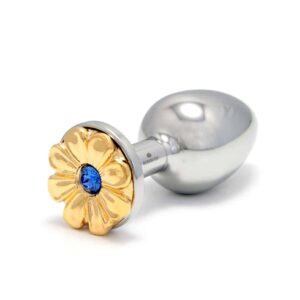 ROSEBUDS chez Brigade Mondaine Daisy Blue Gold Plug en acier chirurgical avec motif de fleure dorée et crystal bleu