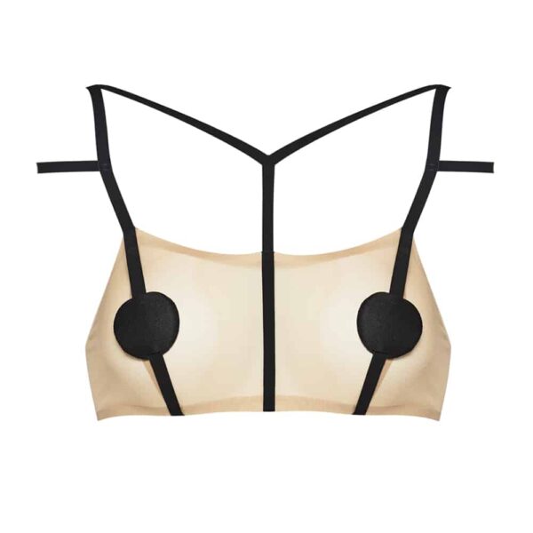 Skin tone bra with geometric black stripes by RUBAN NOIR at Brigade Mondaine