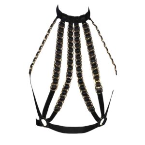 Simone black choker strapless harness with elastic bands and adjustable gold rings by The Model Traitor at Brigade Mondaine