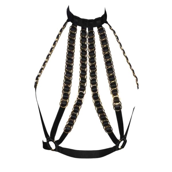 Simone black choker strapless harness with elastic bands and adjustable gold rings by The Model Traitor at Brigade Mondaine