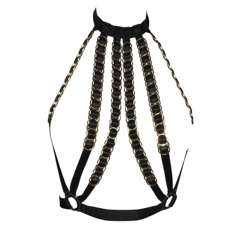Simone Bustier-Harness in schwarz mit Choker und verstellbaren Gummibändern und goldenen Ringen von The Model Traitor bei Brigade Mondaine