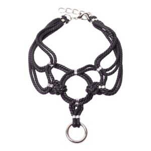Black shibari bondage knotted rope chocker with metal drop ring Figure of A at Brigade Mondaine