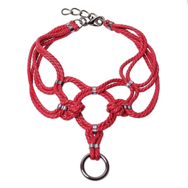 Red shibari bondage knotted rope chocker with metal drop ring Figure of A at Brigade Mondaine