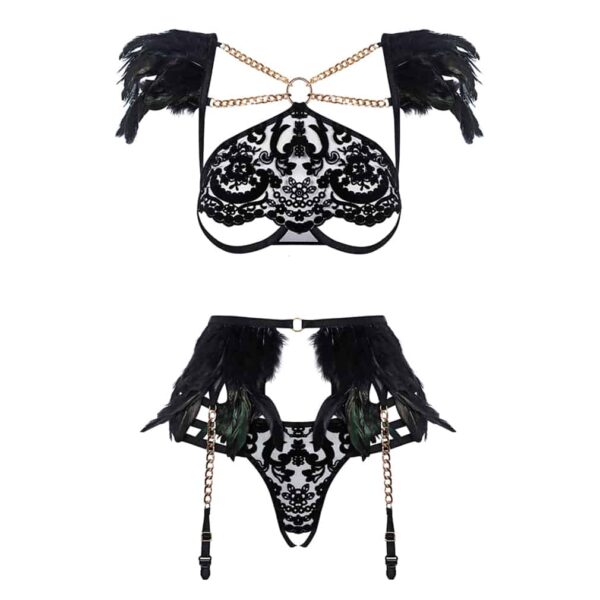 Black angel roleplay costume with black feather g-string and black feather suspender belt and half-open bra with velvet lace BAED STORIES at Brigade Mondaine