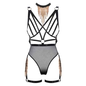 Roleplay costume body harness g-string high waist with bare back and open breasts in black fishnet and gold chains drop BAED STORIES at Brigade Mondaine