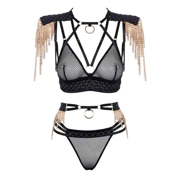 Roleplay costume with thong and belt and triangle bra in fishnet and satin cross-over with epaulets and gold chains BAED STORIES at Brigade Mondaine