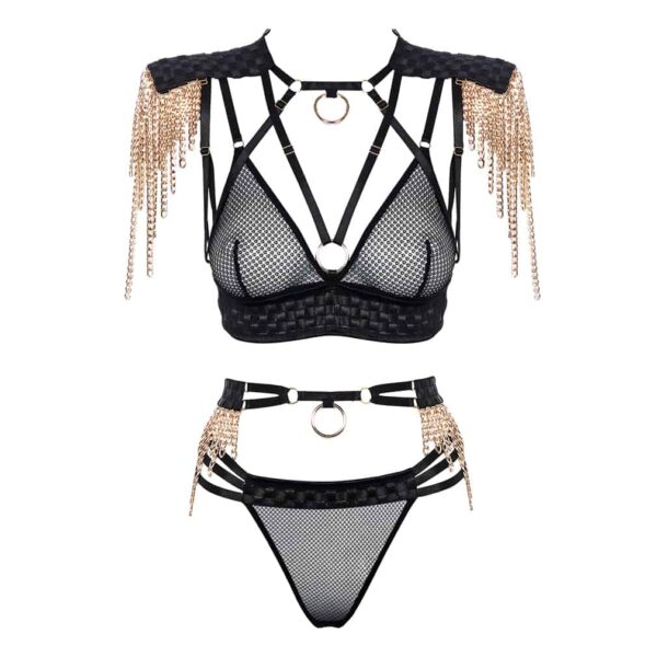 Costume de roleplay avec string et ceinture et soutien-gorge triangle en résille et satin croisé avec épaulettes et chaines dorées BAED STORIES chez Brigade Mondaine