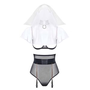 Costume de roleplay nonne avec string taille très haute, porte-jarretelle et soutien-gorge ouvert et cornette blanche BAED STORIES chez Brigade Mondaine