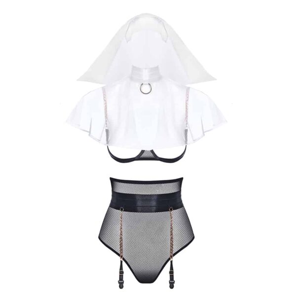 Roleplay nun costume with high waist thong, suspender belt and open bra with white cornet BAED STORIES at Brigade Mondaine