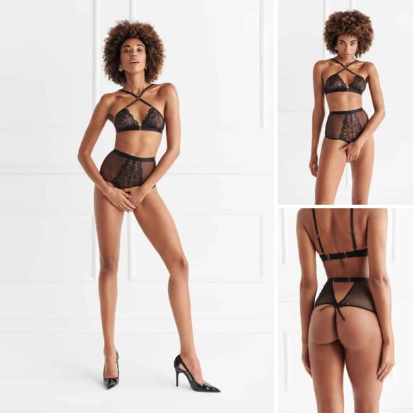 Vienna front cross bra and high-waisted panties from the Bracli Vienna collection with G-spot stimulating pearls worn on a model seen from the back, from the front and in a full-length shot all on a white background from the Vienna collection by Bracli at Brigade Mondaine