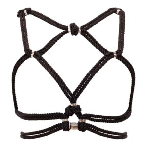 Black shibari bondage rope harness tied around the breasts and bare back Figure of A in Brigade Mondaine