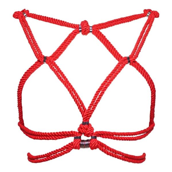 Rotes Harness aus Shibari-Seil Bondage um die Brust geknotet und Rücken nackt Figure of A bei Brigade Mondaine