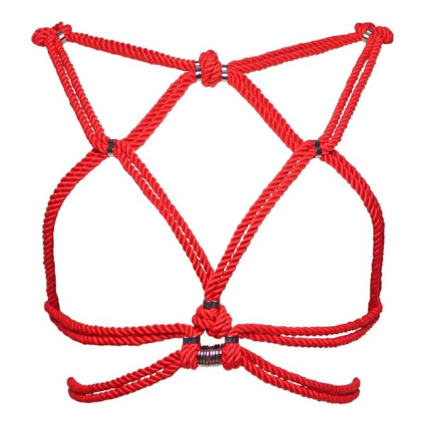 Red shibari bondage rope harness tied around the breasts and bare back Figure of A in Brigade Mondaine