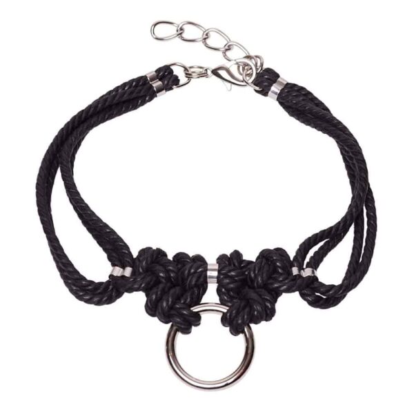 Chocker in black shibari bondage knotted rope with metal ring Figure of A at Brigade Mondaine