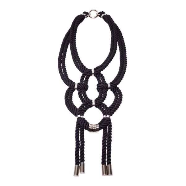 Black shibari knotted rope necklace with nickel-free metal details Figure of A at Brigade Mondaine