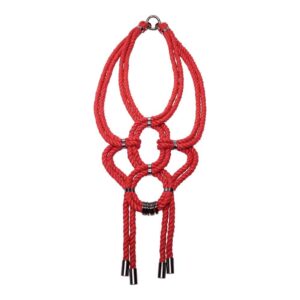 Red shibari knotted rope necklace with nickel-free metal details Figure of A at Brigade Mondaine
