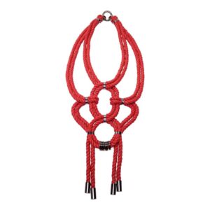 Red shibari knotted rope necklace with nickel-free metal details Figure of A at Brigade Mondaine