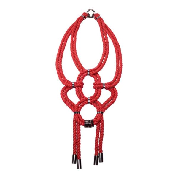 Red shibari knotted rope necklace with nickel-free metal details Figure of A at Brigade Mondaine