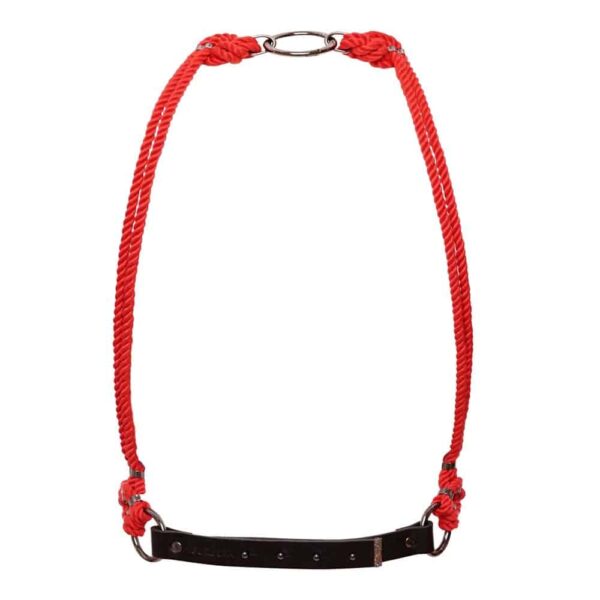 Red shibari bondage knotted rope bust harness Figure of A at Brigade Mondaine