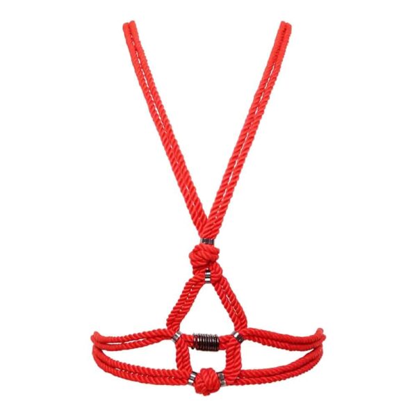 Red shibari bondage knotted rope bust harness Figure of A at Brigade Mondaine