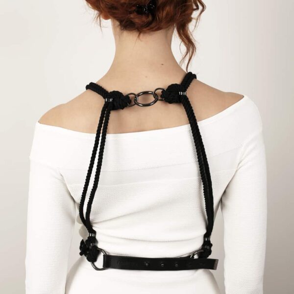 Black shibari bondage knotted rope bust harness Figure of A at Brigade Mondaine