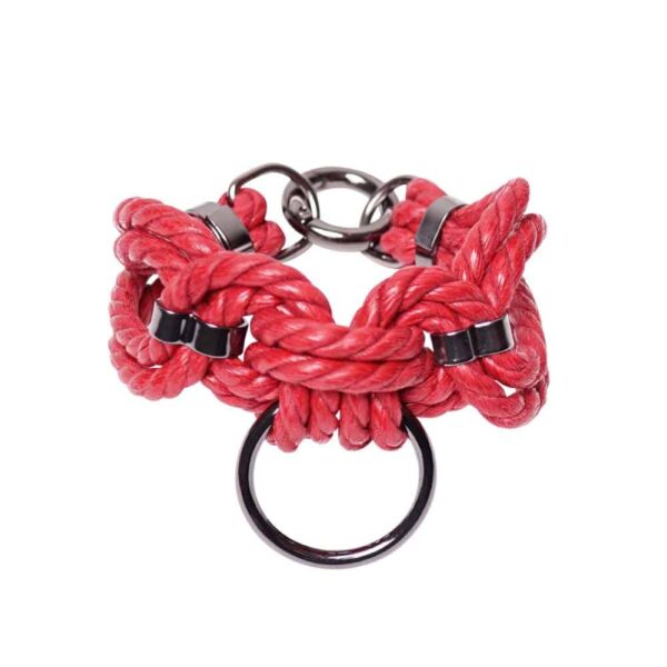 Red Shibari bondage rope bracelet with ring Figure of A at Brigade Mondaine