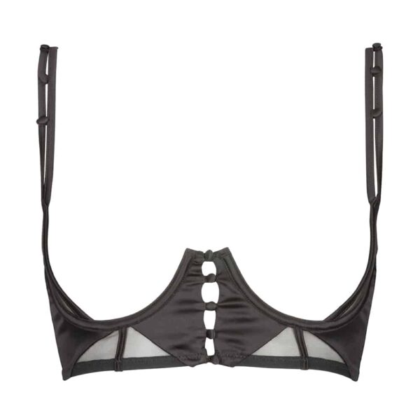 Black satin and mesh open bustier bra with detachable straps collection Douce Insomnie from Atelier Amour at Brigade Mondaine