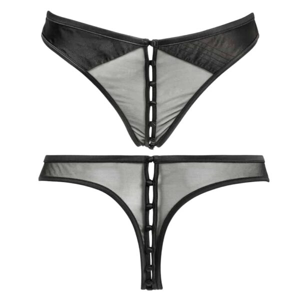 G-string made of mesh and black satin that can be opened with satin buttons Atelier Amour at Brigade Mondaine