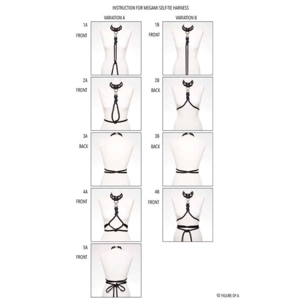 "Megami" significa diosa en japonés. El conjunto Megami consta de un arnés de autoamarre para componer y atarse y un collar extraíble. El arnés Self-Tie le permitirá todas las combinaciones posibles, su imaginación será su único límite... El Self-Tie es una longitud extra de cuerda que se sujeta al cuello con un pequeño anillo a presión. Se puede enrollar alrededor del cuerpo y es ajustable, se puede atar con un simple nudo tanto en la espalda como en la parte delantera. La gargantilla puede llevarse unida al arnés o sola. Cerrando por detrás. Acabado en plata. Totalmente ajustable. Este conjunto está disponible en Brigade Mondaine.