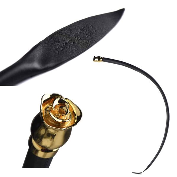 Black leather whip with leaf tip and golden rose shaped pommel ZALO at Brigade Mondaine