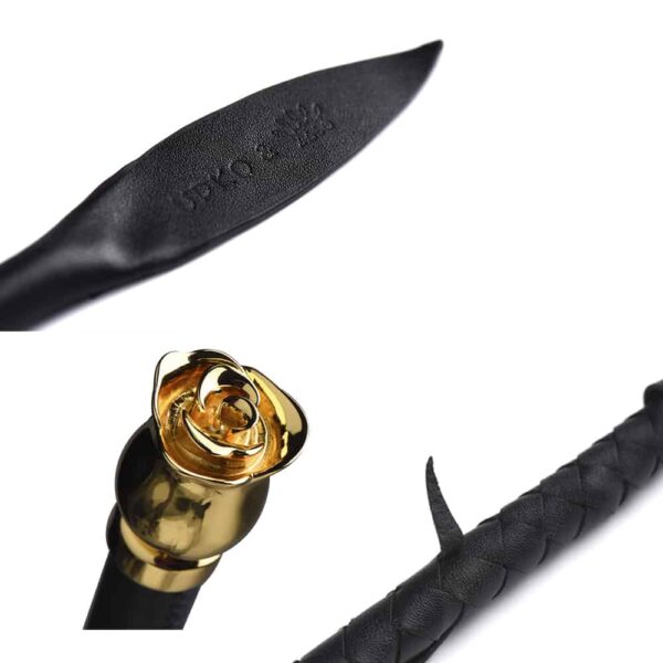 Black leather spiny whip with leaf tip and golden rose shaped pommel ZALO at Brigade Mondaine