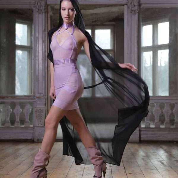 G-string bodysuit and halter top and high waist skirt in lavender transparent mesh FLASH YOU AND ME at Brigade Mondaine