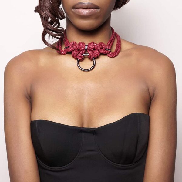 Burgundy red shibari knotted rope chocker with nickel-free metal details Figure of A at Brigade Mondaine