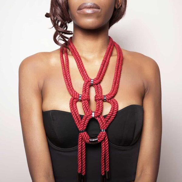 Burgundy red shibari knotted rope necklace with nickel-free metal details Figure of A at Brigade Mondaine