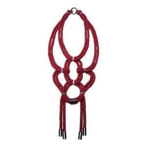 Burgundy red shibari knotted rope necklace with nickel-free metal details Figure of A at Brigade Mondaine