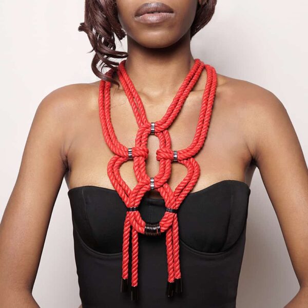 Red shibari knotted rope necklace with nickel-free metal details Figure of A at Brigade Mondaine