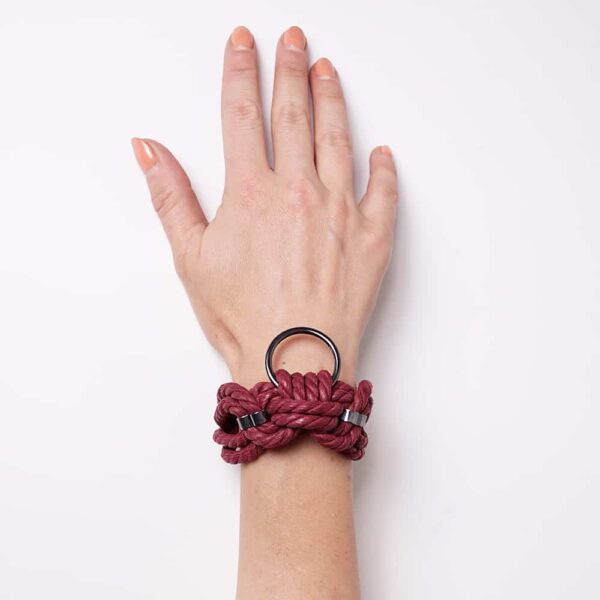 Shibari bondage rope bracelet red burgundy with ring Figure of A at Brigade Mondaine