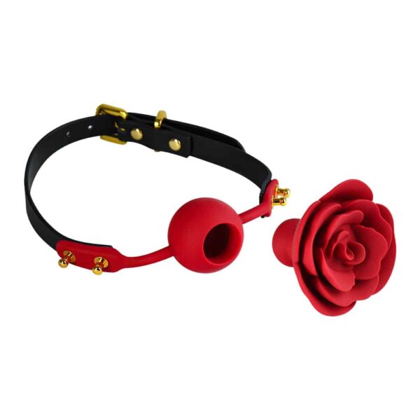 Ball gag avec rose rouge détachable en silicone, accessoire de bondage de luxe ZALO chez Brigade Mondaine