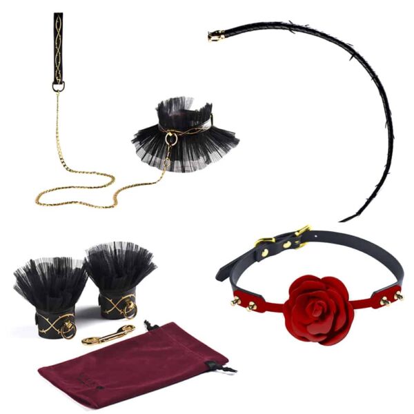 Ensemble d'accessoires bondages de luxe, avec menottes, collier et lairre et ball gag de la marque ZALO USA chez Brigade Mondaine
