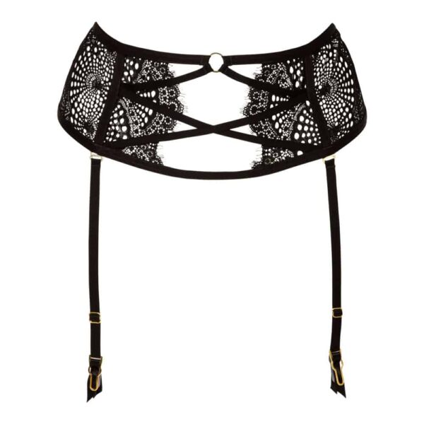 Black lace suspender belt with cross-over on the belly Atelier Amour Madame Rêve Collection at Brigade Mondaine