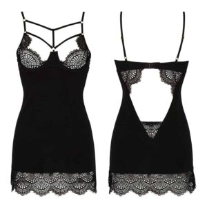 Black babydoll with bare back and circular lace details and included half-open bra with cross-over at Atelier Amour at Brigade Mondaine