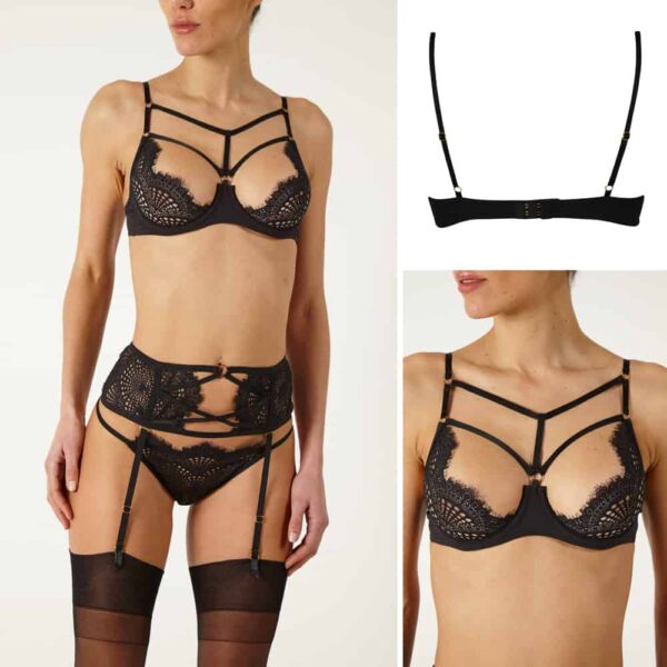 Round black lace lingerie set with g-string and half-open bra with cross-over bra and cross-over suspender belt Atelier Amour at Brigade Mondaine