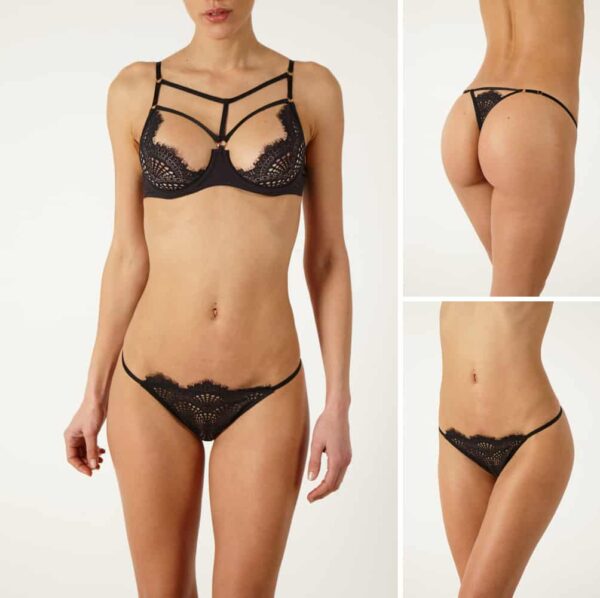 Round black lace lingerie set with g-string and half-open bra with cross-over at Atelier Amour at Brigade Mondaine