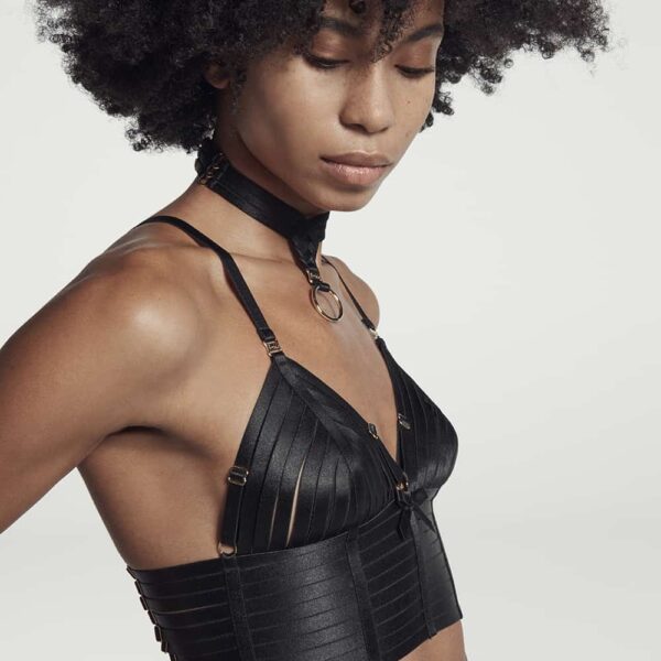 Crop Top bondage BORDELLE in black satin elastic with small knot between the breasts and gold zipper in the back at Brigade Mondaine