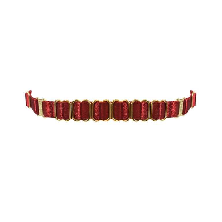 Halsband aus rotem Satinelastik mit goldenen Details BORDELLE bei Brigade Mondaine