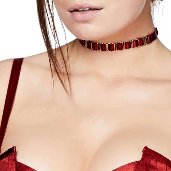 Red satin elastic chocker with gold details BORDELLE at Brigade Mondaine